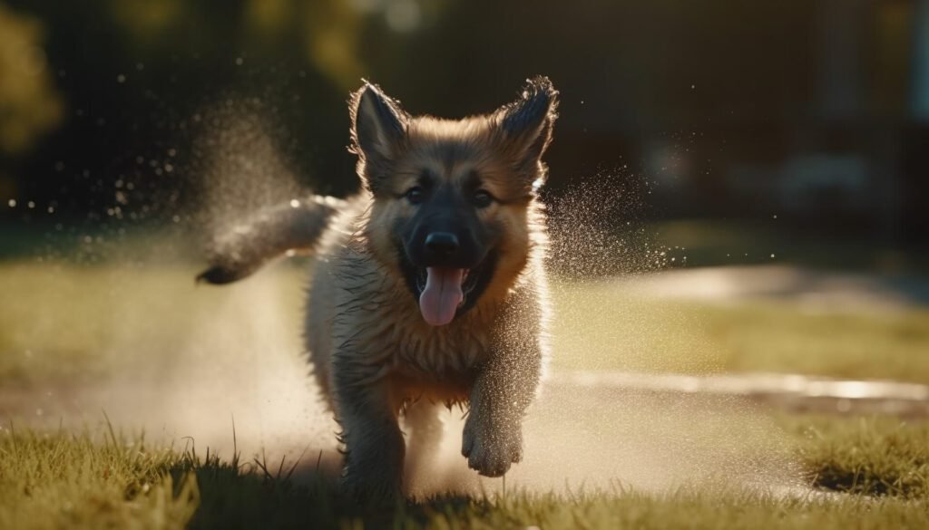 A puppy running in the meadow