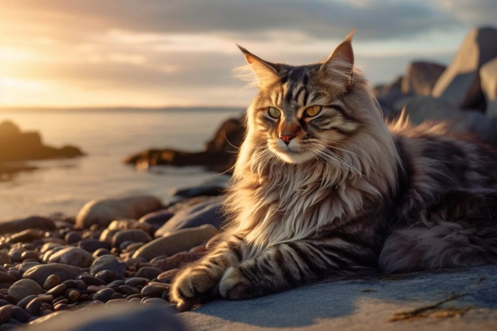 Maine Coon cat next to the water at sunset