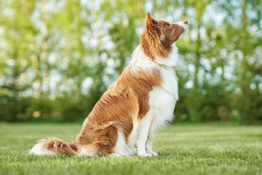 1920 brown chocolate border collie dog training in the garden