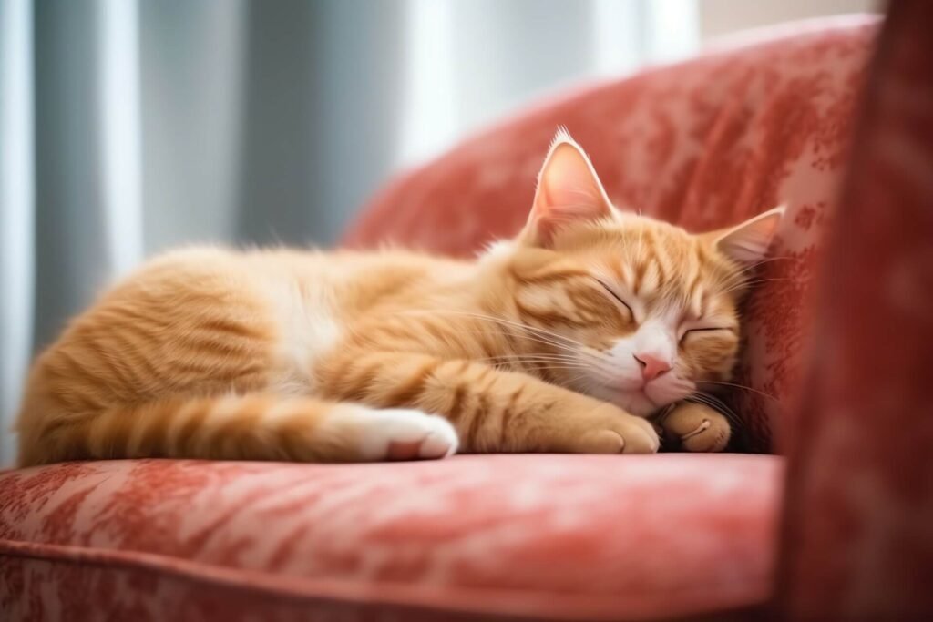 The cat sleeping on the sofa