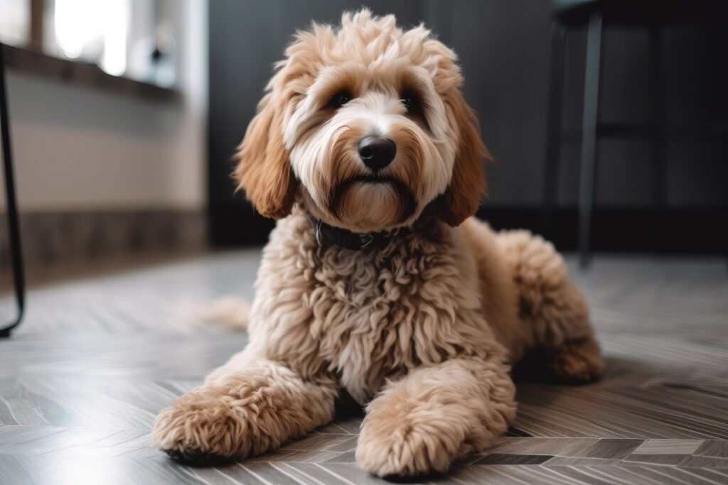 1920 cute poodle sitting on the floor in the living room ai generated