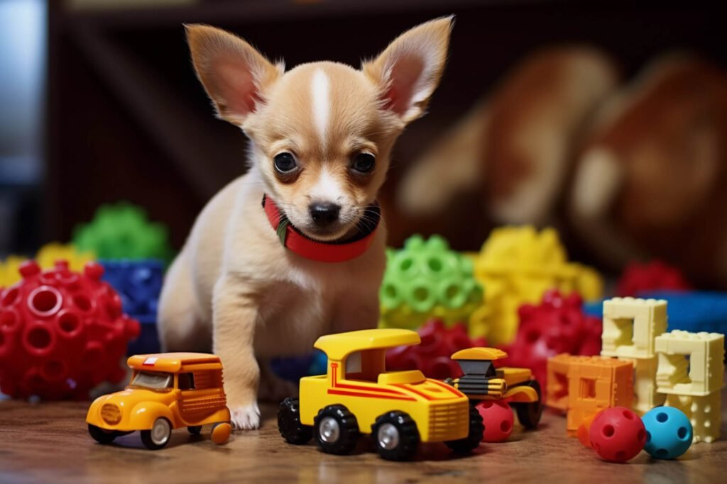 A small puppy playing with toys