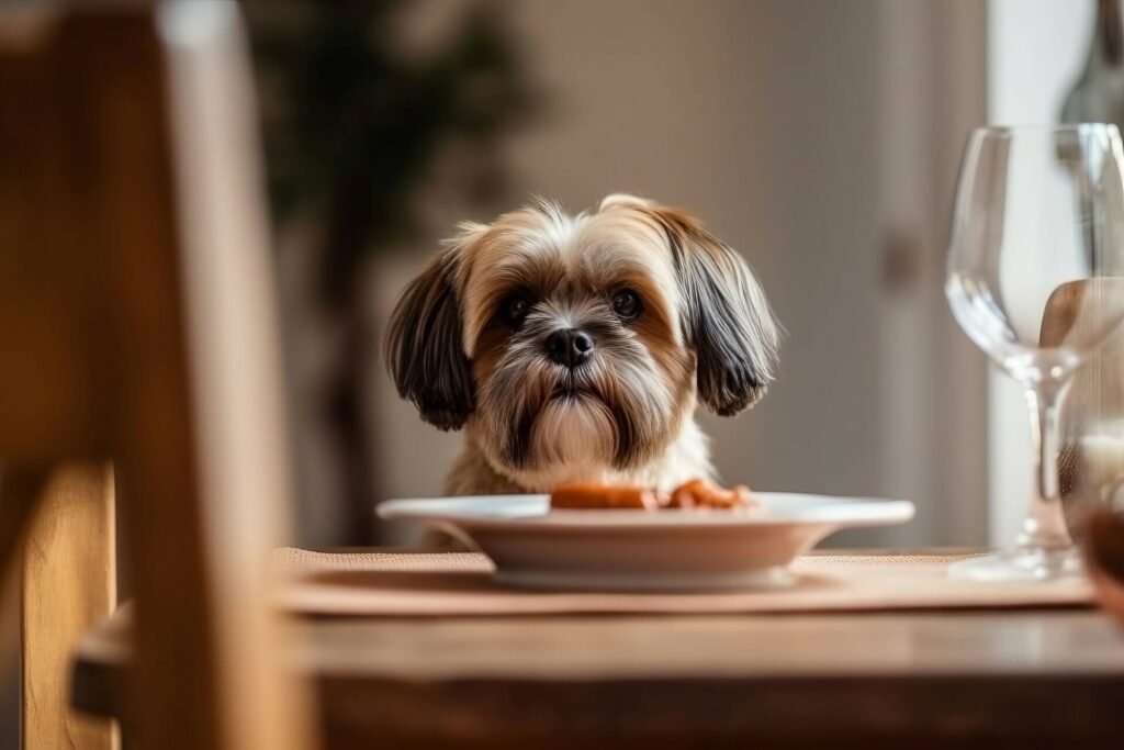 A dog sitting at a table