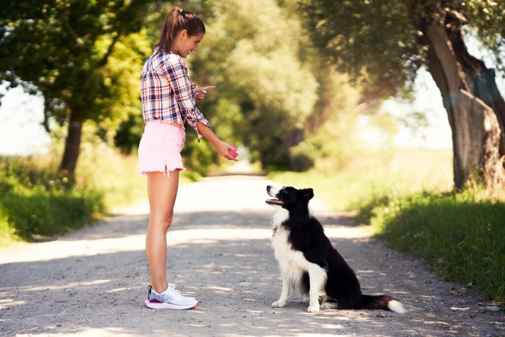 1920 portrait of happy female strolling with her pet at leisure