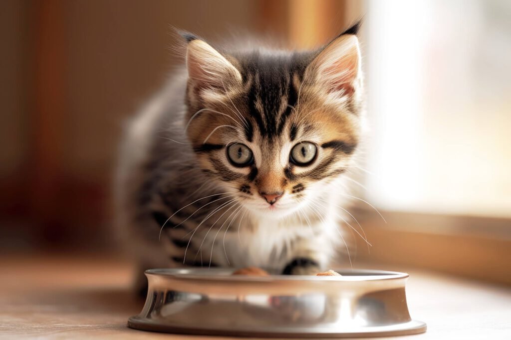 1920 tabby cat kitten eating pet food from feeding bowl ai generative