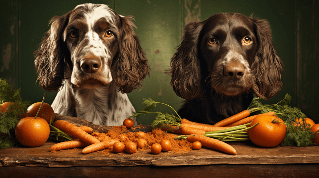 2 Dogs sitting at a table full of vegetables