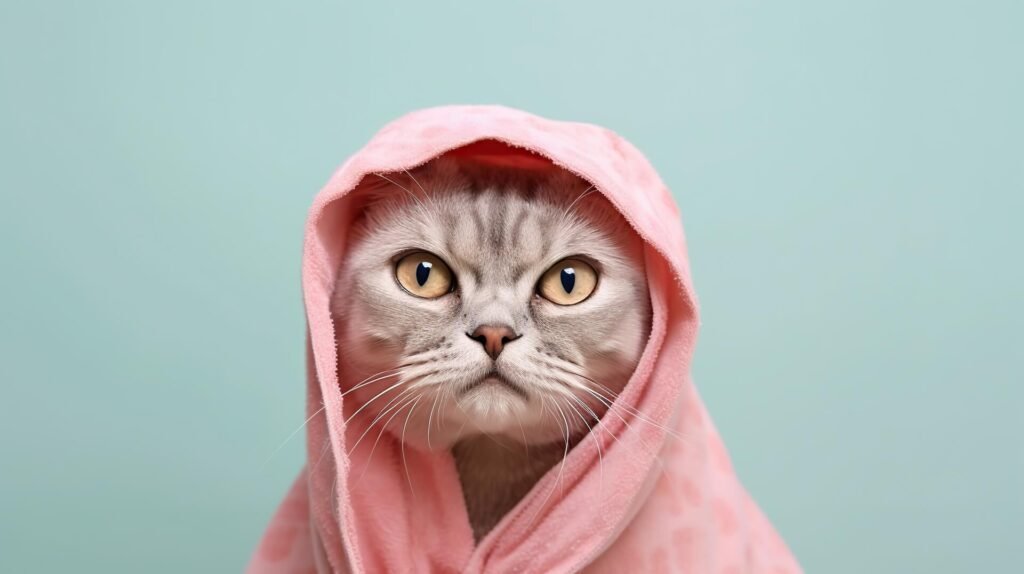 A young cat with a cold covered by a blanket