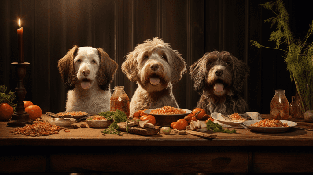 Dogs sitting at a table full of vegetables