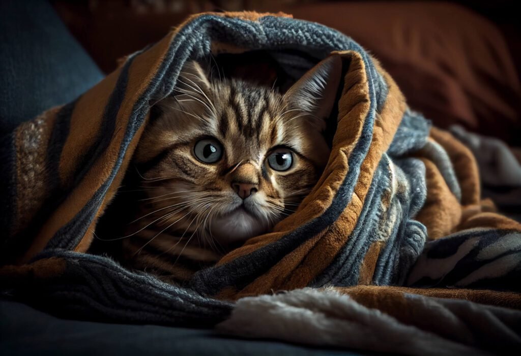 cat covered by blankets