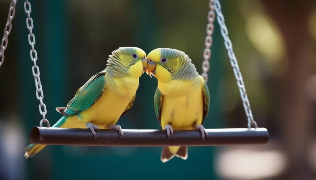 two parakeets on a swing