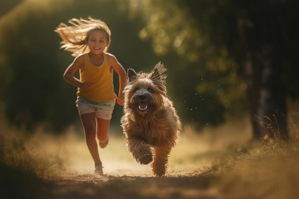 A little girl running with her dog