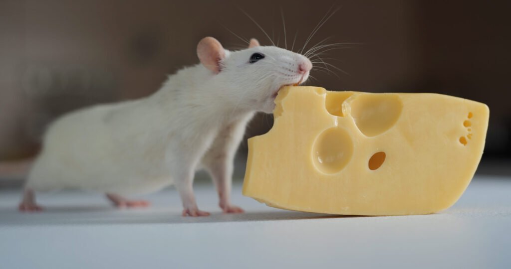 domestic white rat eating cheese 