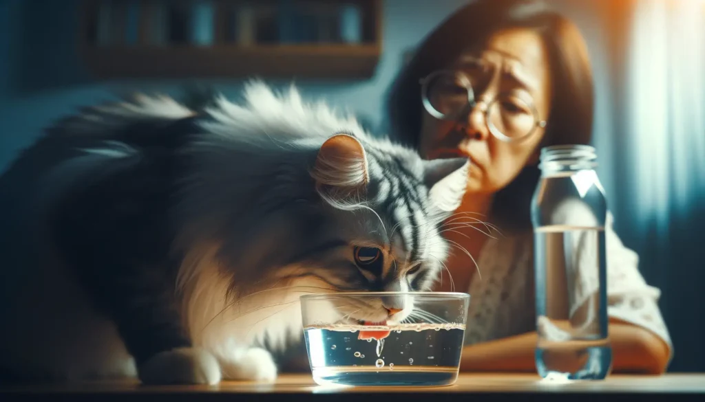 Sick cat drinking water