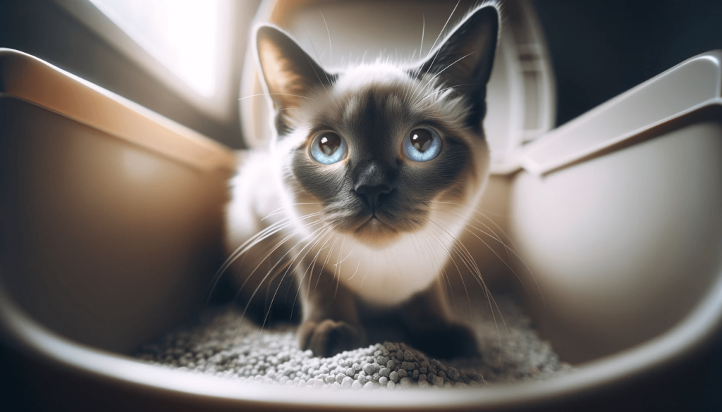 DALL·E 2024 01 03 19.41.41 A close up cinematic image of a cat in discomfort trying to urinate in a litter box capturing visible signs of distress. The cat a small Siamese wi 1